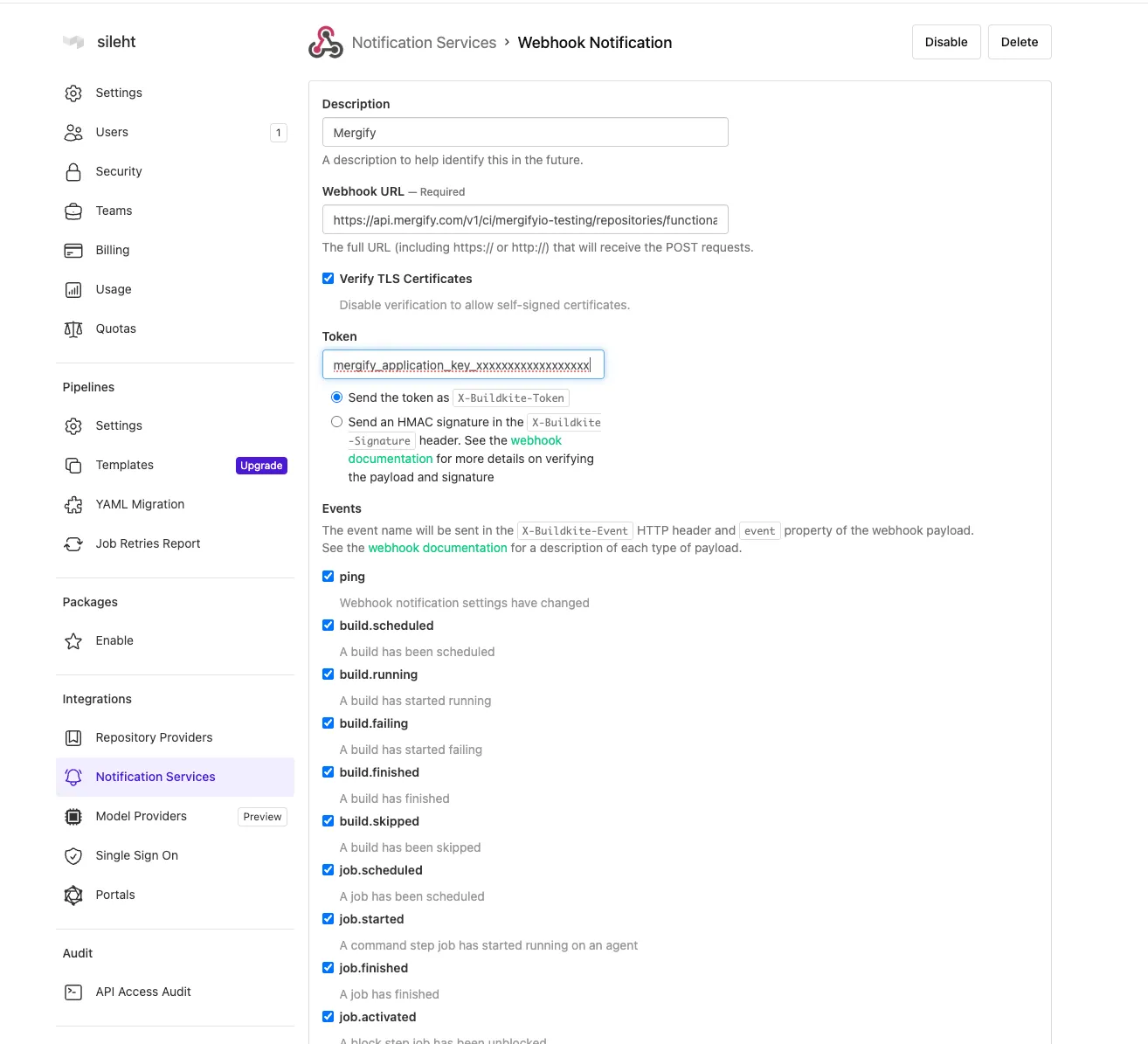 Buildkite Webhook Notification configuration