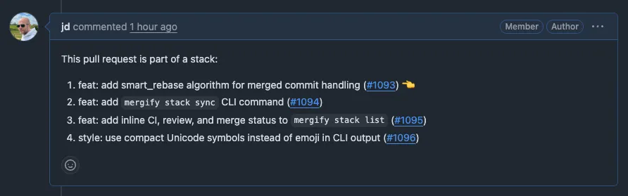 Stack comment showing the current PR in the chain